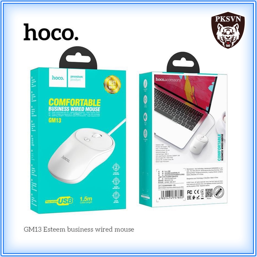 Chuột Máy Tính Có Dây Chính Hãng Hoco GM13 - Chuột Laptop Nút 4D Cao Cấp DPI 1000/1600 Dài 1.5M Chất Liệu ABS - BH 1 Năm