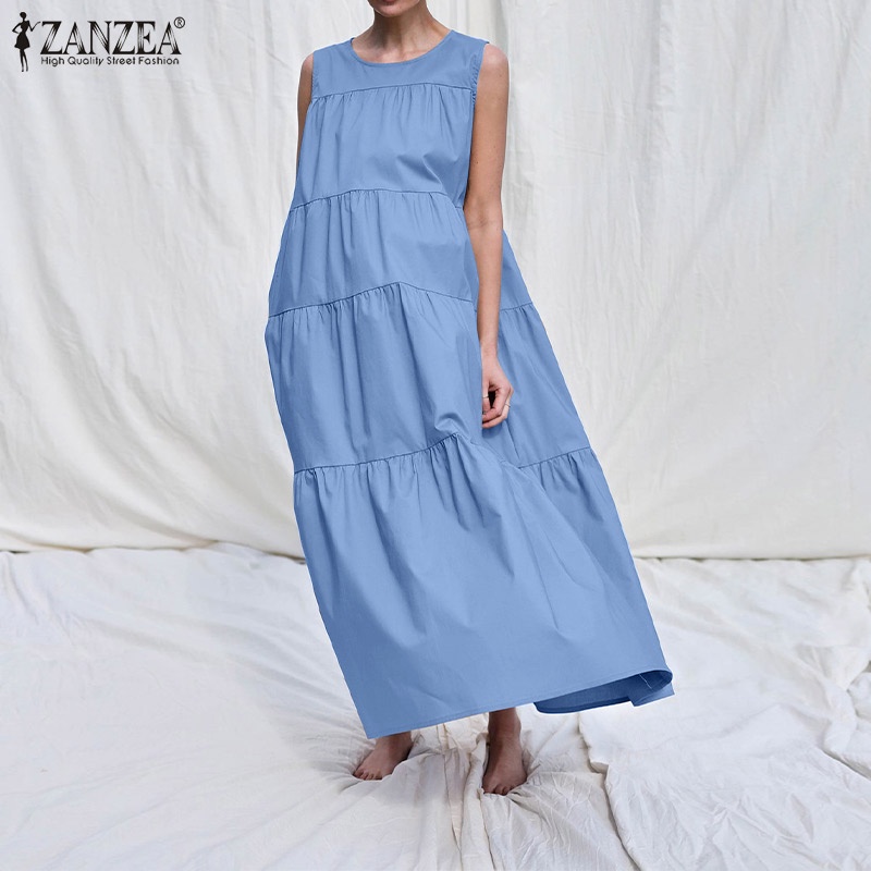 Đầm maxi ZANZEA không tay cổ tròn dáng rộng thời trang nữ tính thanh lịch