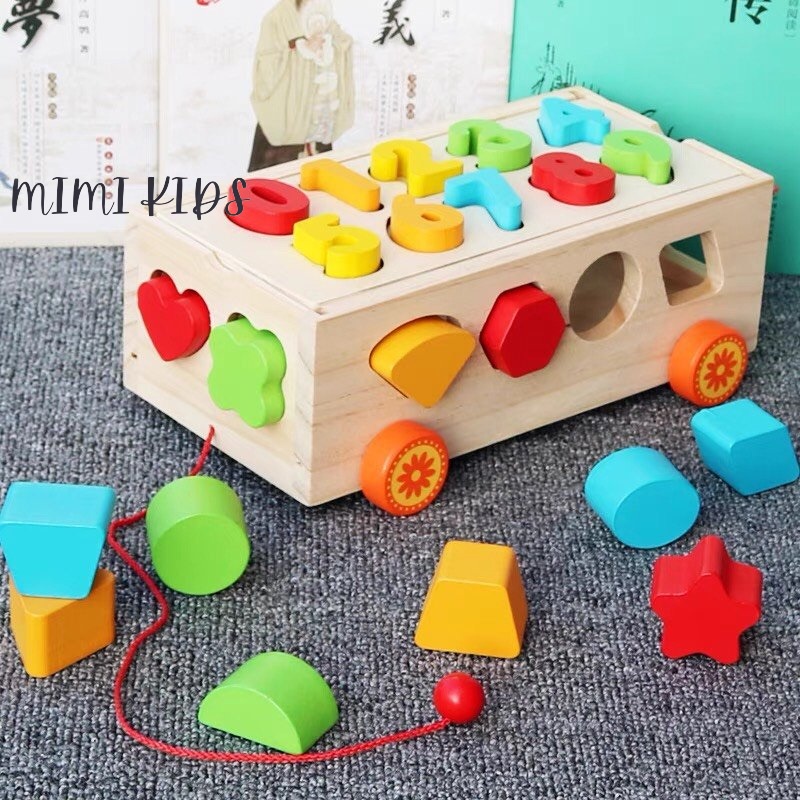 Đồ chơi xe gỗ thông minh cho bé, xe kéo thả số và hình khối cao cấp an toàn dành cho bé Mimi Kids