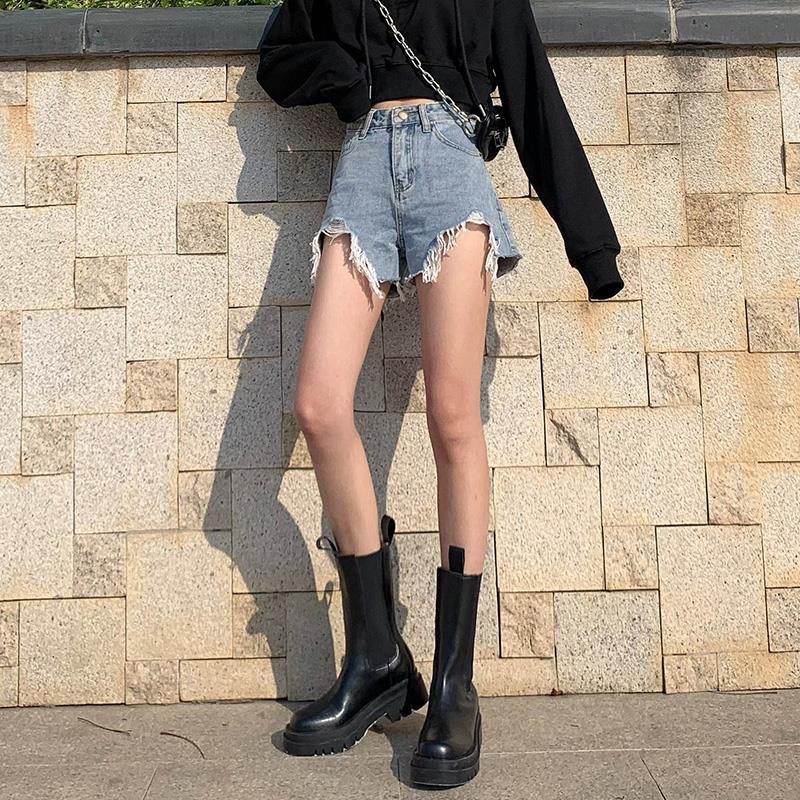 Quần short denim nữ xuân hè 2021 phiên bản Hàn Quốc mới thắt lưng cao hình chữ a với ống rộng ống rộng và quần ống rộng