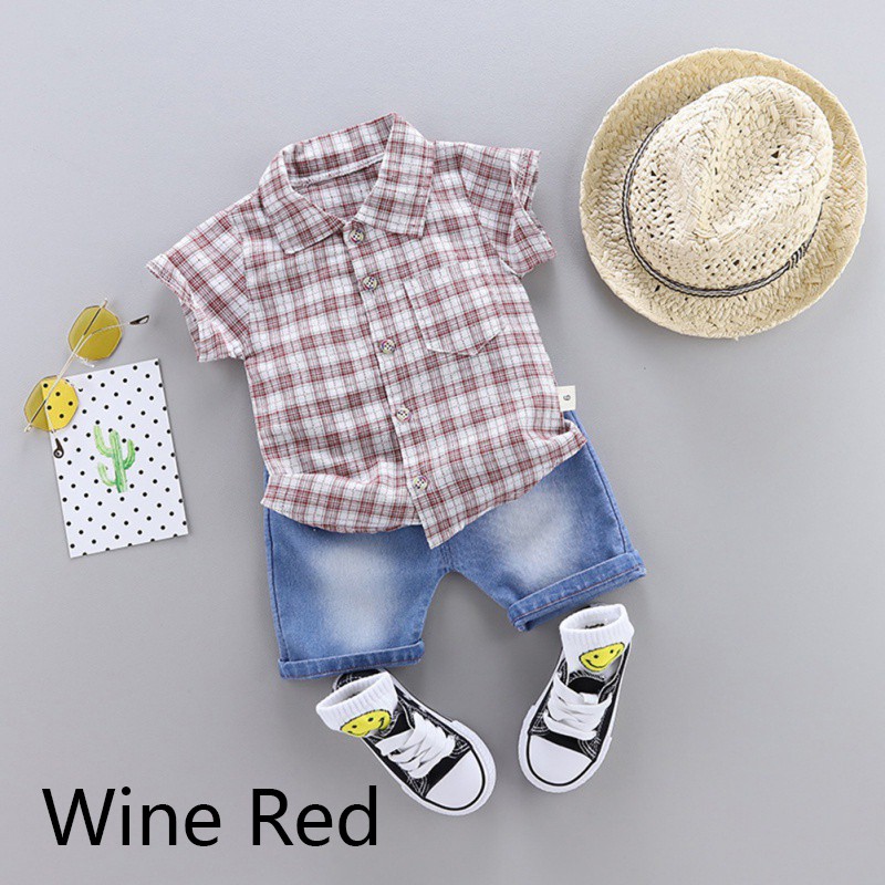 Set áo sơ mi kẻ sọc caro + quần short jean thời trang năng động cho bé trai