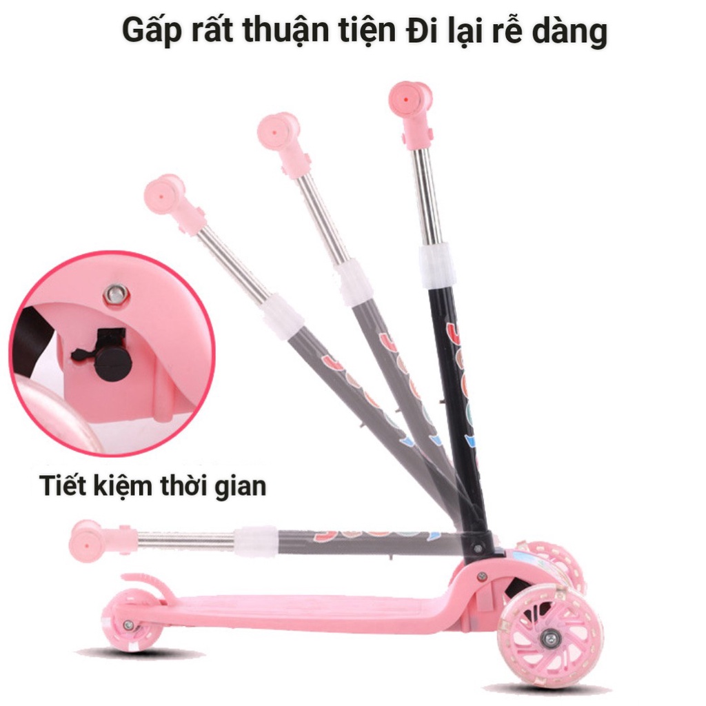 'Chuyên Sỉ&quot; Xe trượt scooter 3 bánh có đèn phát sáng - xe trượt thông minh cho bé có thể gập gọn dễ dàng an toàn bé chơi