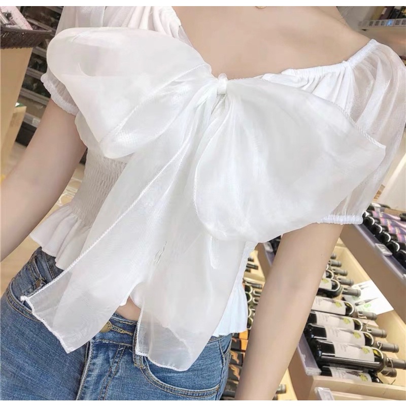 Áo trễ vai voan nơ 💋FREESHIP💋 áo bẹt vai hở vai voan thắt nơ bo eo dễ thương