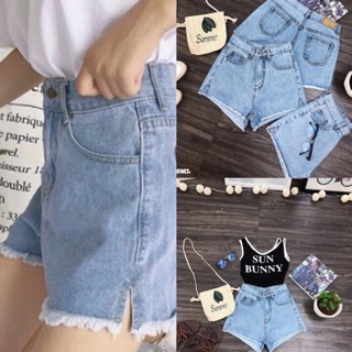Quần short jeans trơn lưng cao tua lai