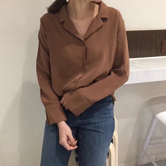 SUXI Áo Sơ Mi Tay Dài Cổ Chữ V Màu Sắc Đơn Giản Phong Cách Hàn Quốc Dành Cho Nữ