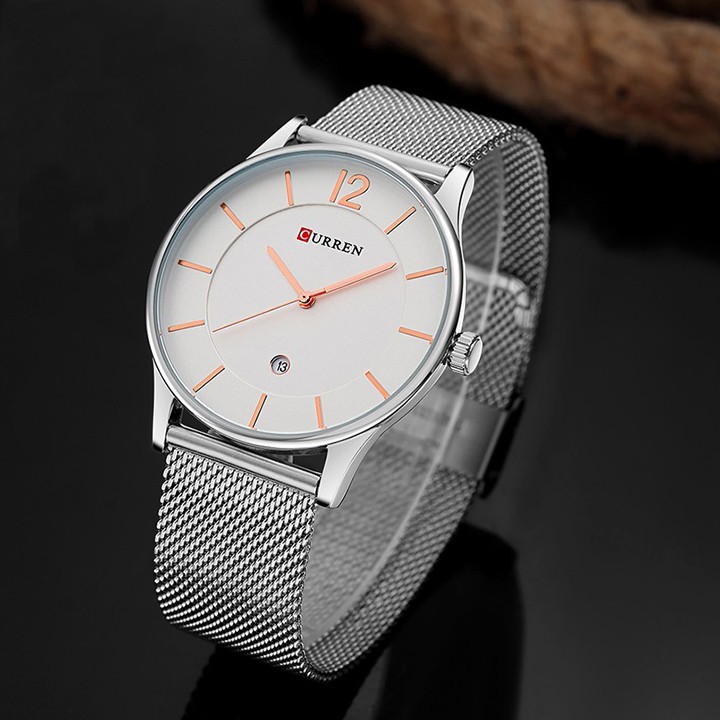 Đồng hồ nam CURREN mặt trắng dây lưới thép chống gỉ