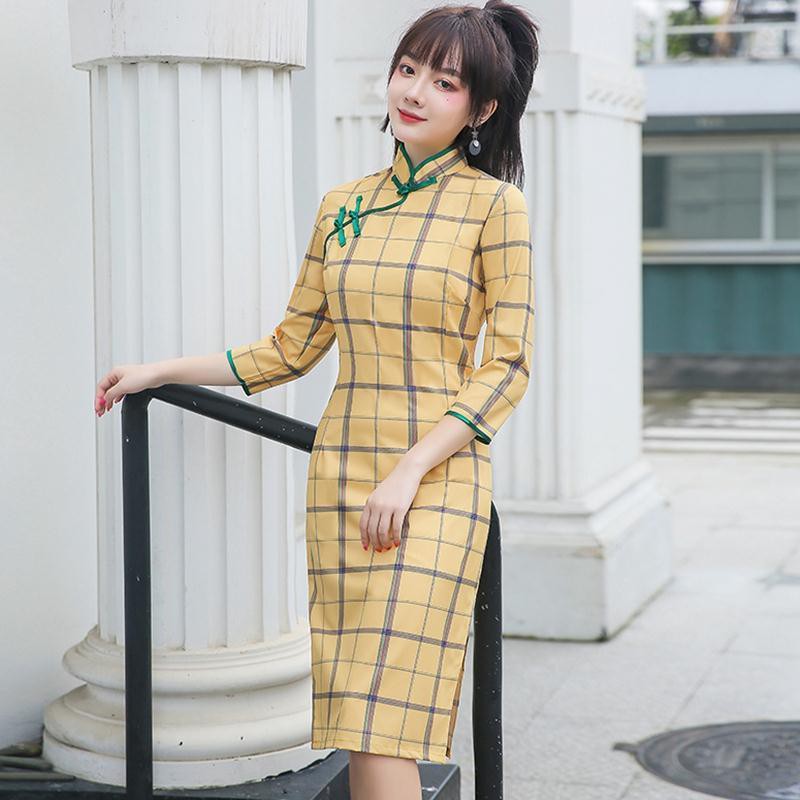 Rẻ và đẹp┇✖Kẻ sọc hàng ngày mùa hè 2020 MỚI Phần dài Retro Trung Quốc Cheongsam Dress Nữ