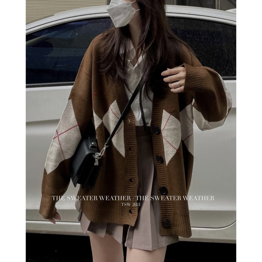 [Ảnh thật] Áo cadigan len mịn họa tiết quả trám ulzzang