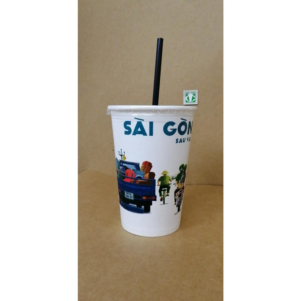 Ly giấy 360ml - 14oz mẫu Sài Gòn Sau Vai, Set 100 cái kèm nắp