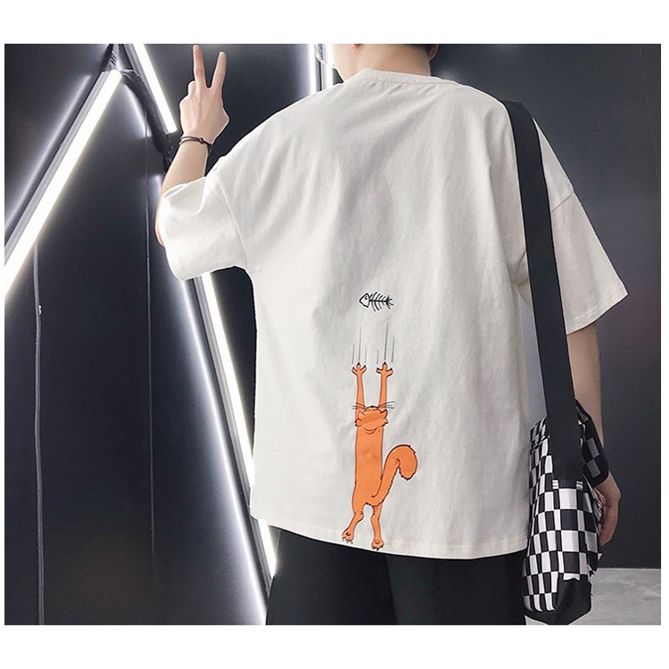 Áo thun unisex tay lỡ form rộng hình mèo cào , oversize tee