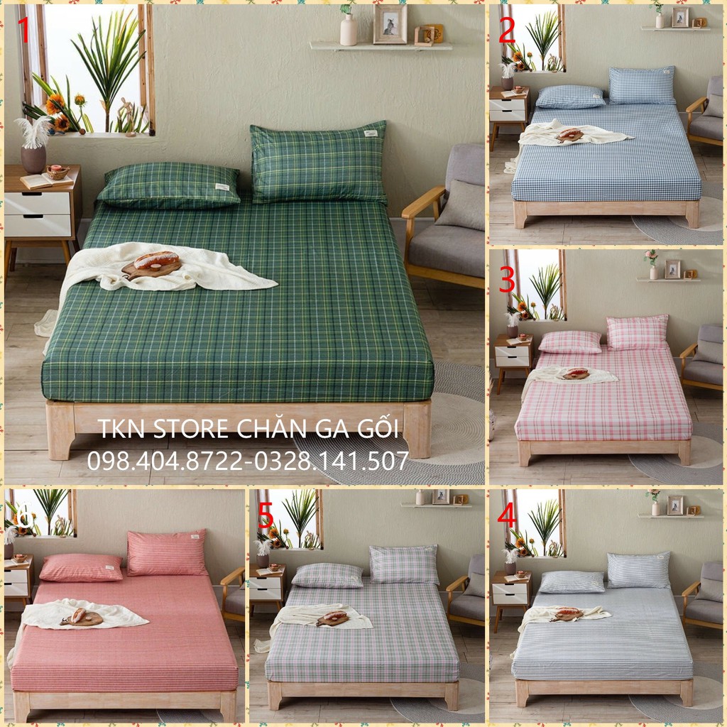 Set ga gối cotton tici kẻ TKN store ga gối Hàn Quốc đủ size đủ màu miễn phí bo chun