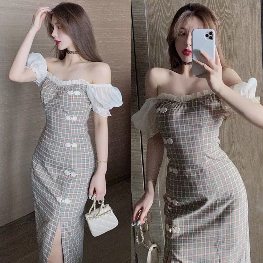 ♥️Đầm,Váy Sườn Xám Kẻ Caro Trễ VaiSize S->2XL