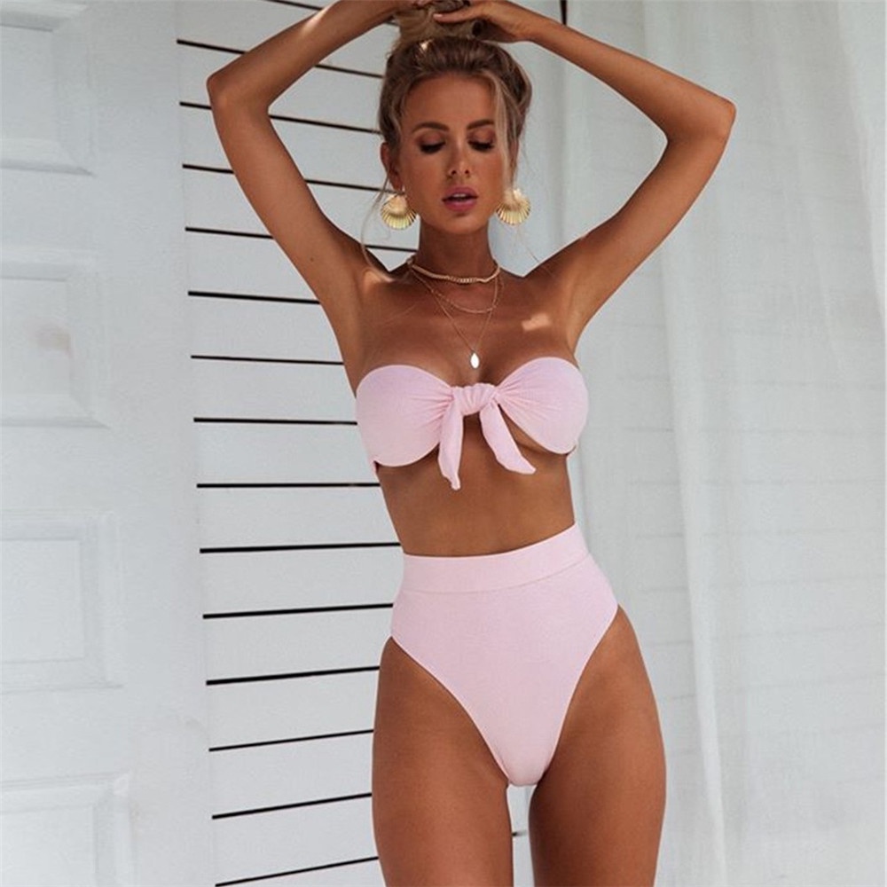 Bộ Đồ Bơi Bikini Lưng Cao Họa Tiết Kẻ Sọc Đính Nơ Phong Cách Âu Mỹ Quyến Rũ Cho Nữ