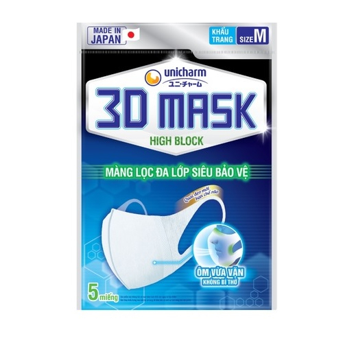  Khẩu trang Unicharm 3D Mask High Block siêu bảo vệ size M gói 5 miếng