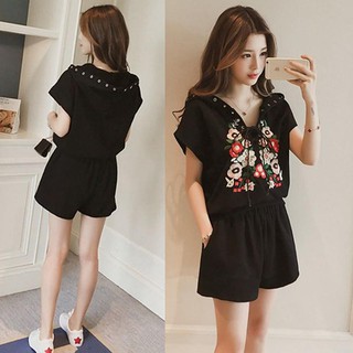 Sét bộ big size quảng châu áo thun thêu hoa có mũ phía sau và quần sọc thun  D909