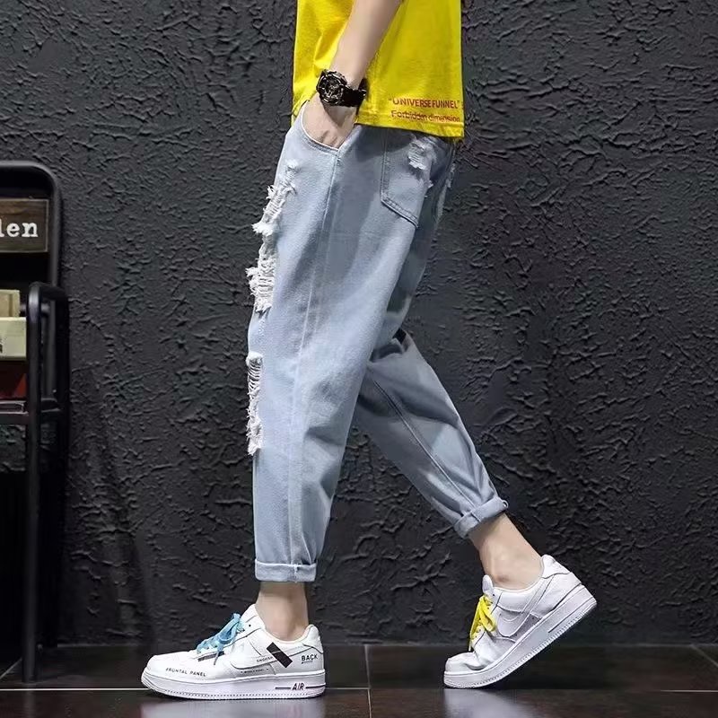 Quần jeans Rách Dáng Rộng Thoải Mái Phong Cách Thời Trang Hàn Quốc Cho Nam Giới size S-5XL