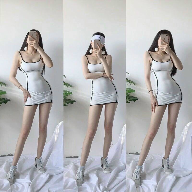 Đầm body 2 dây viền nổi chất thun borip tôn dáng.