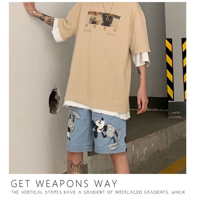 Summer Korean Style Cartoon Printed Mickey Denim Shorts Couple Loose High Waist Straight Wide Leg Cropped Pants for Men and Women