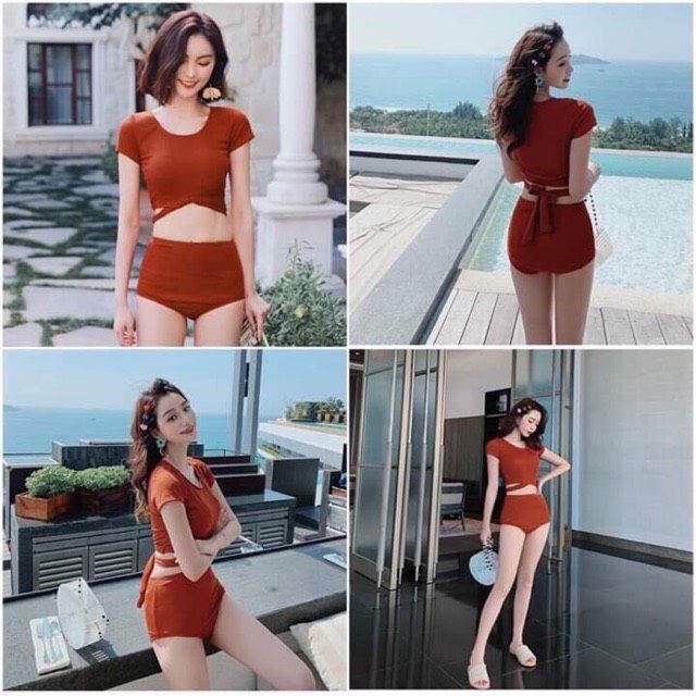 Bikini ngắn tay cạp cao nâu đất