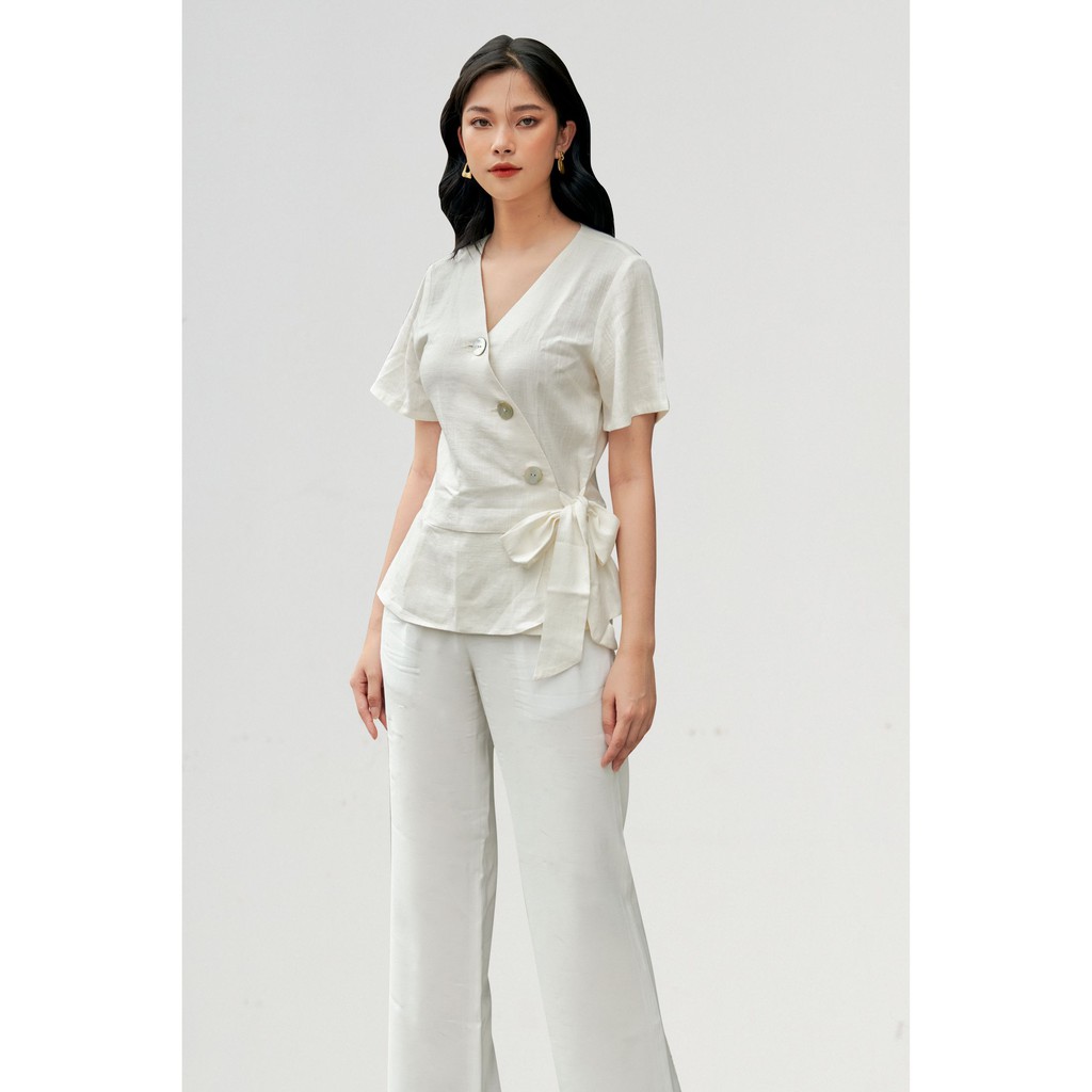 Áo thắt dây nữ YV LE &amp; CO vải Linen màu trắng thanh lịch