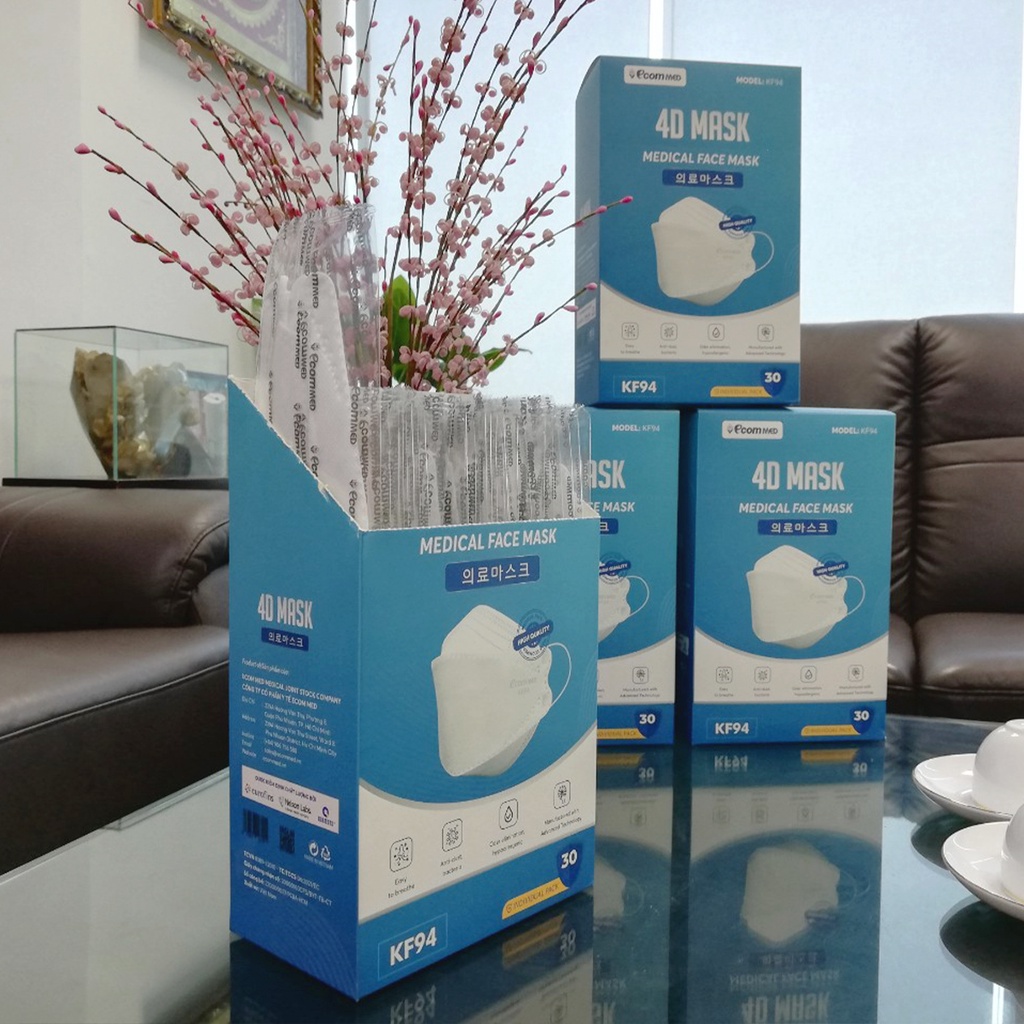 Khẩu Trang 4D KF94 EcomMed (Hộp 30 cái Đóng Bịch Riêng) - Đạt chuẩn FDA Hoa Kỳ