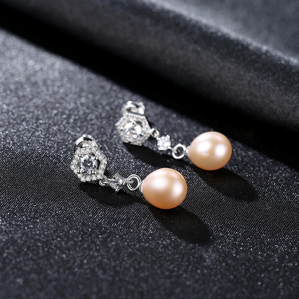 Bông tai bạc nữ 925 dáng dài đính đá và hạt ngọc trai tự nhiên 8mm sang trọng - B2334 - Bảo Ngọc Jewelry