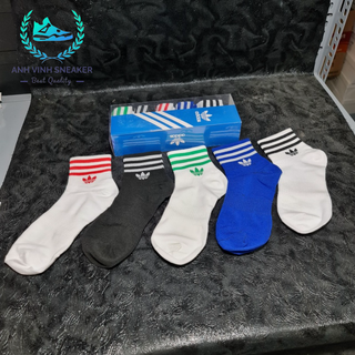 Tất vớ adidas cổ trung nam nữ đen trắng xanh nhiều màu cao cấp 3 sọc logo 3 lá hộp 5 đôi