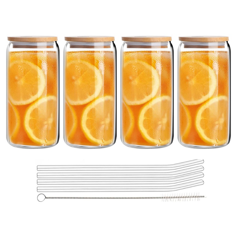 Bộ 4 Ống Hút Thủy Tinh 16Oz Có Nắp Đậy Và Ống Hút Hình Dạng Ngộ Nghĩnh