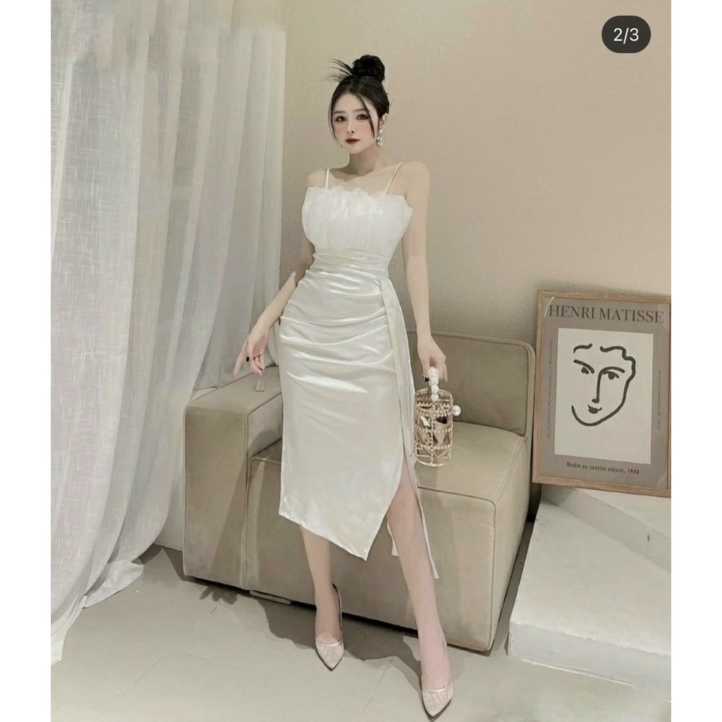 Đầm Trắng 2S Xếp Ly Ngực Phồng Xẻ Đùi