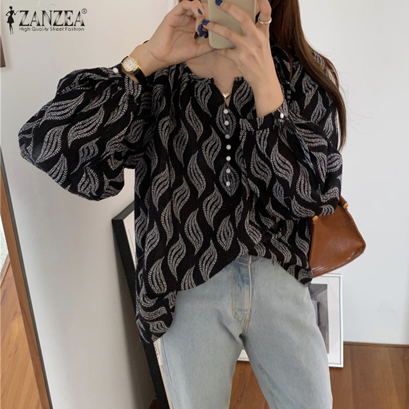 Áo ZANZEA tay dài cổ chữ O họa tiết hình học trang trí xếp ly trẻ trung cho nữ