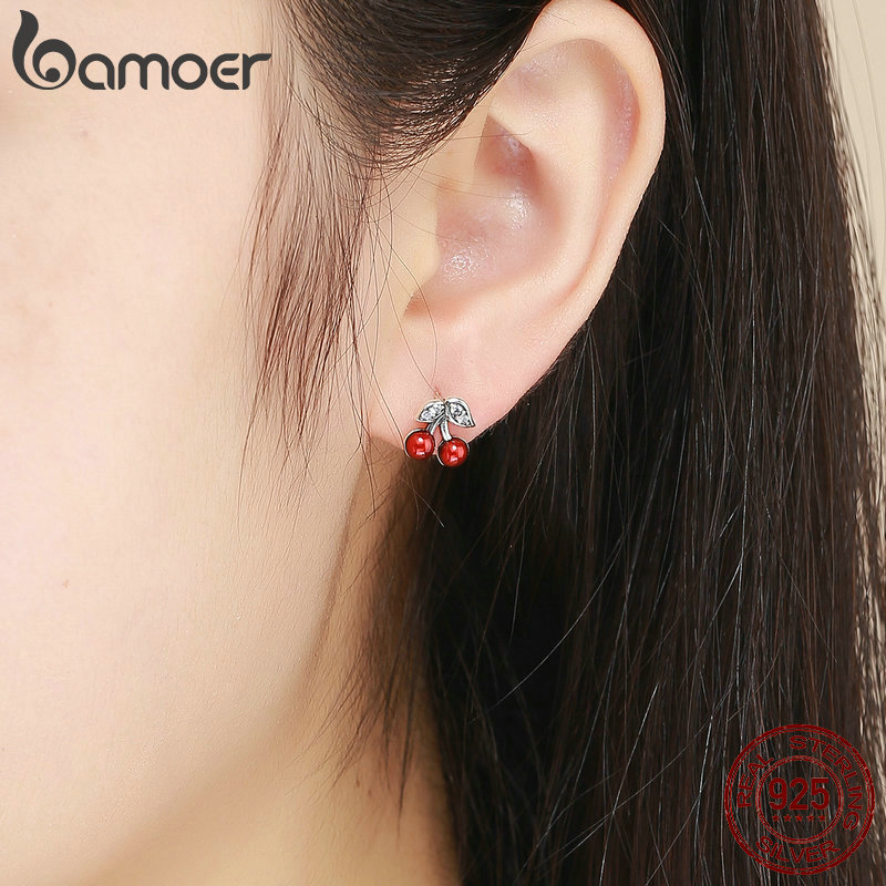 Đôi bông tai BAMOER SCE404 bằng bạc 925 tạo hình trái anh đào mùa hè nạm đá đỏ CZ dành cho làm quà tặng cho nữ
