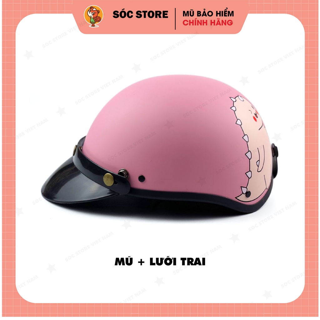 Mũ bảo hiểm nửa đầu 1/2 in hình Khủng long hồng kính phi công Sóc Store Vietnam, nón bảo hiểm 1/2 khủng long màu hồng