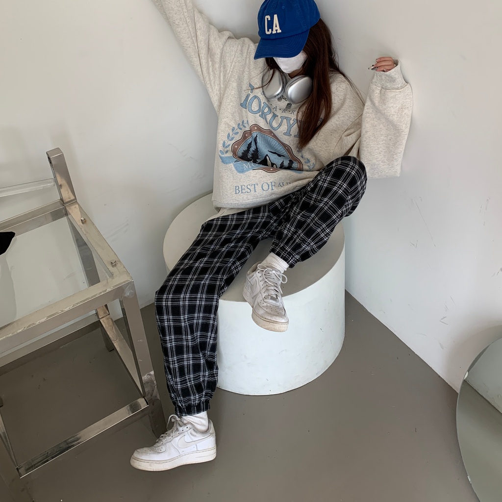 SUXI Quần Dài Lưng Cao Dáng Rộng Họa Tiết Sọc Caro Thời Trang Thu Đông Cho Nữ