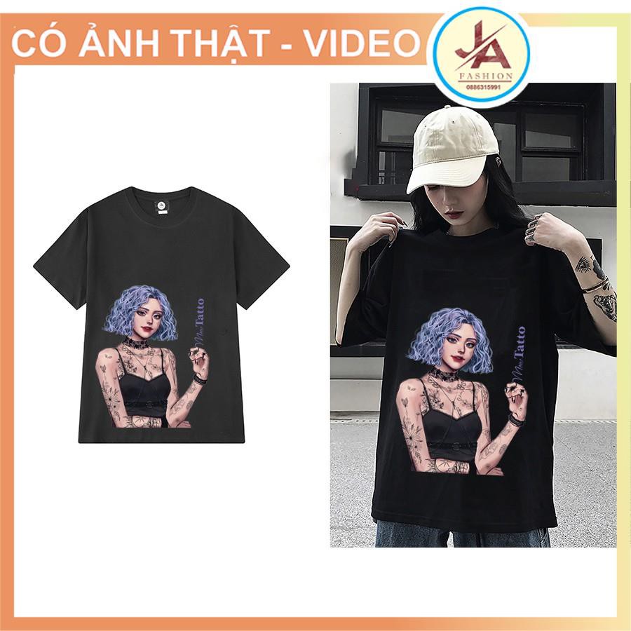 Áo thun nam nữ tay lỡ cô gái tatto in nổi 5D chất cotton co dãn, áo phông unisex form rộng cổ tròn phong cách hàn quốc