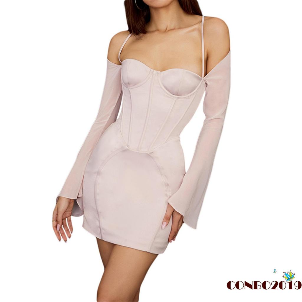 Đầm Ôm Dáng Tay Dài Hở Vai Một Mảnh Màu Sắc Trơn Dành Cho Nữ