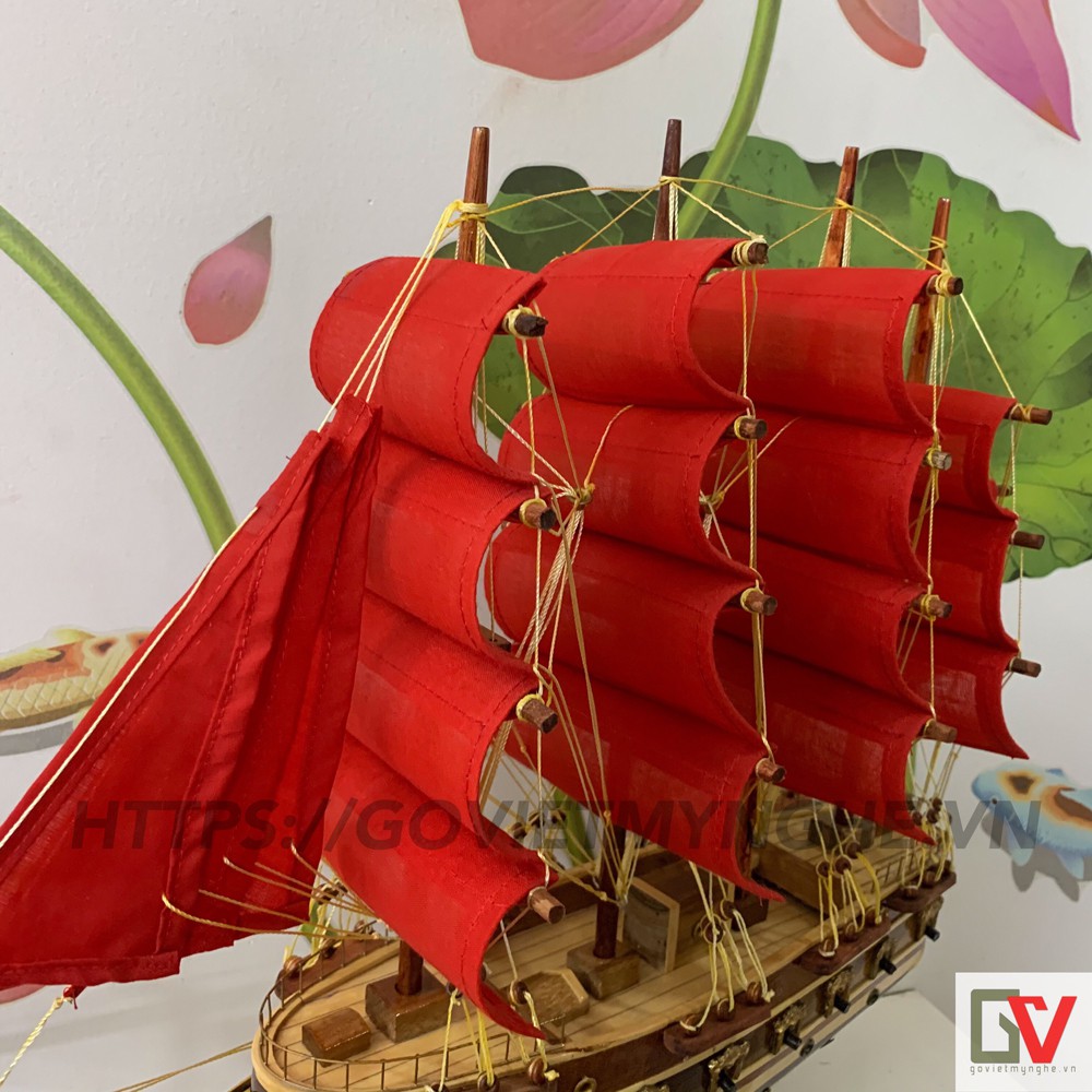 Mô hình tàu thuyền gỗ trang trí - thuyền gỗ Jylland của Đan Mạch - Chiều dài thân tàu 40cm - Buồm vải đỏ