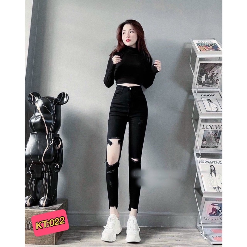 Quần jeans nữ lưng cao mã 022 ôm body lưng siêu cao rách gối
