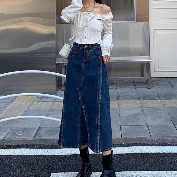 Chân váy jean kaki cạp cao dài qua gối, chân váy midi tua viền phong cách Ulzzang_a16