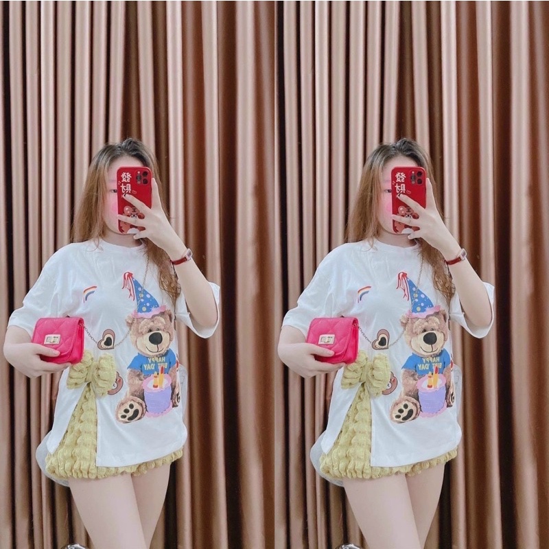 SET ÁO PHÔNG XẺ TÀ ĐÍNH NƠ KÈM QUẦN ĐÙI XỐP KIM CƯƠNG HOTTREN