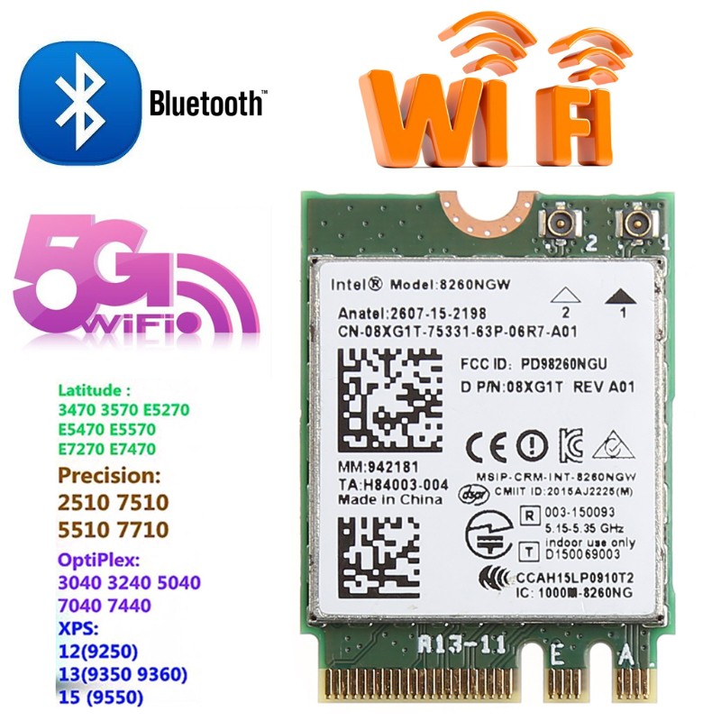 Thẻ Wifi 2 râu 867M V4.2 M.2 cho Intel 8260 AC Dell 8260