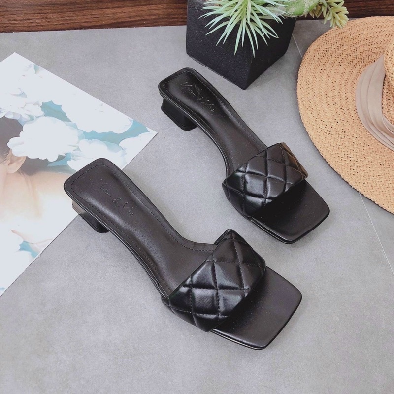 Déo guốc quai bản chần chỉ gót vuông trơn 4p