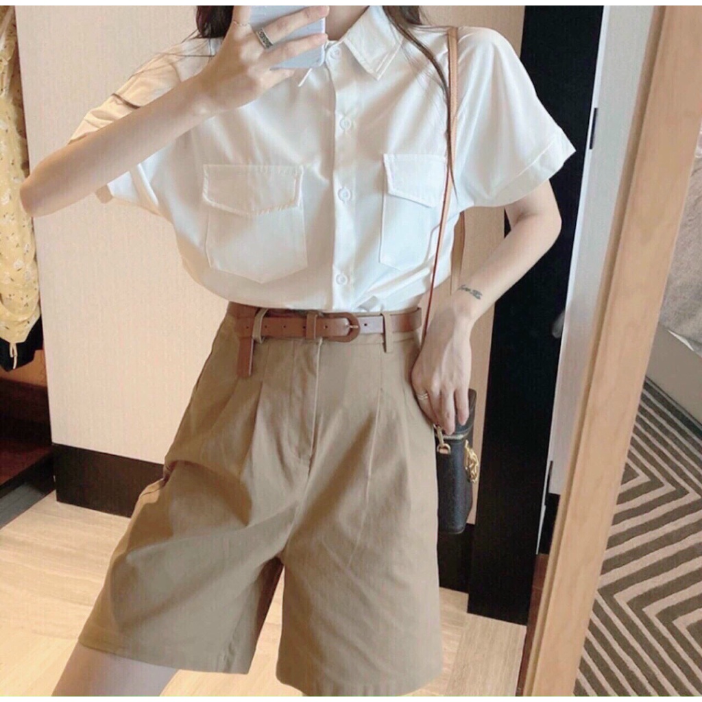 Áo Sơ Mi Tay Ngắn Trơn Đắp Túi  From Dưới 55kg Siêu Đẹp-Màu sắc trang nhã