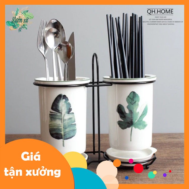 Bộ giá đũa kèm giá kim loại kê chân họa tiết hoa văn lá xanh - VS100
