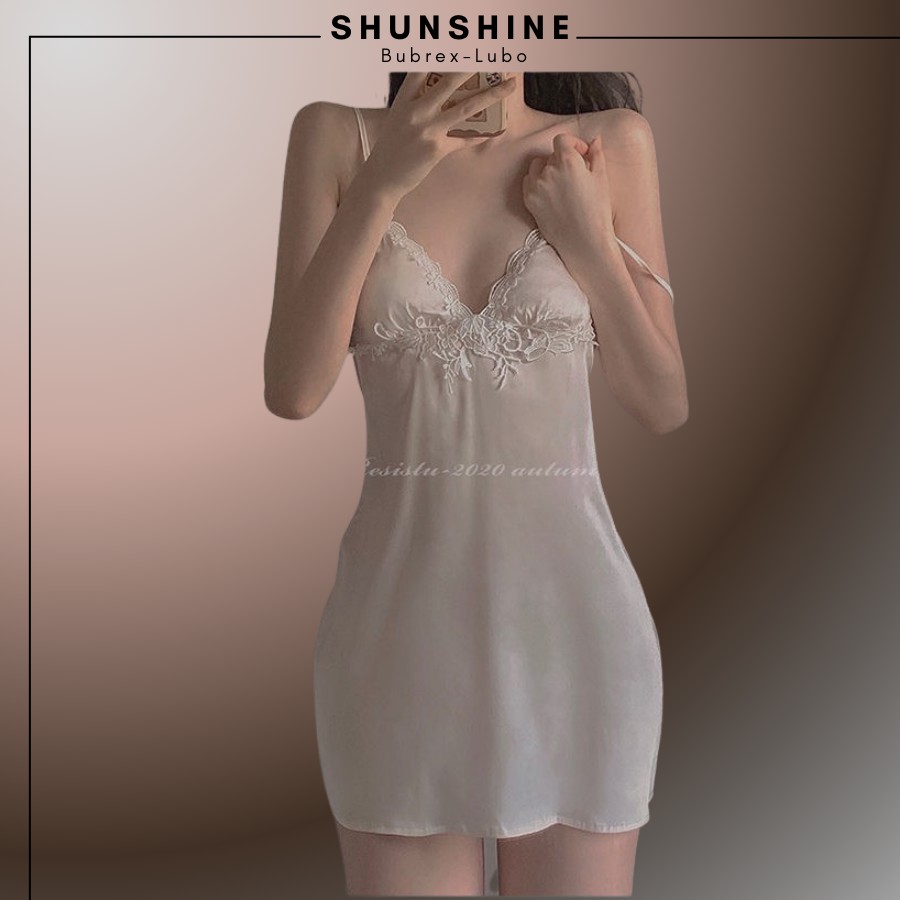 Váy Ngủ Lụa Sexy 2 Dây  Satin Phối Ren Quyến Rũ Gợi Cảm Màu Trắng - SUNSHINE LUBREXLUBO -VL165