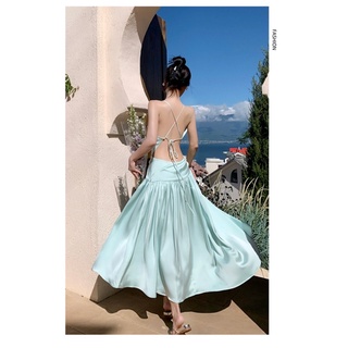 đầm maxi phi lụa hở lưng đan dây chéo qccc
