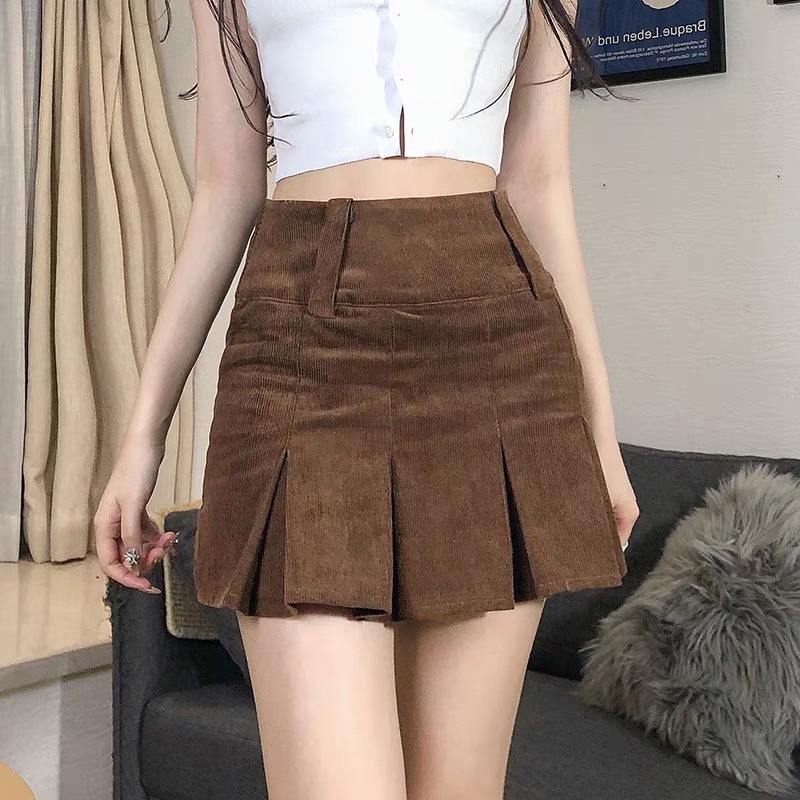 Chân váy xếp ly ngắn bản to Hàn Quốc chất nhung tăm dày dặn màu nâu tây cực hot, chân váy tennis dáng chữ A