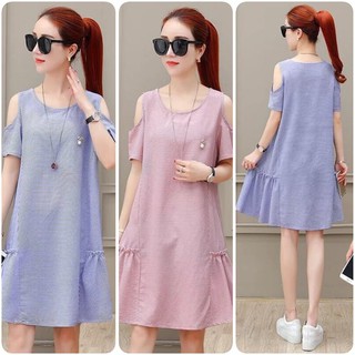 VÁY SUÔNG HỞ VAI SỌC XANH, HỒNG