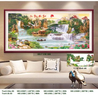 Tranh thêu lưu thủy sinh tài  LV3307 (120 x 59 cm), LV3308 (160 x 75 cm), LV3309 (200 x 90 cm)