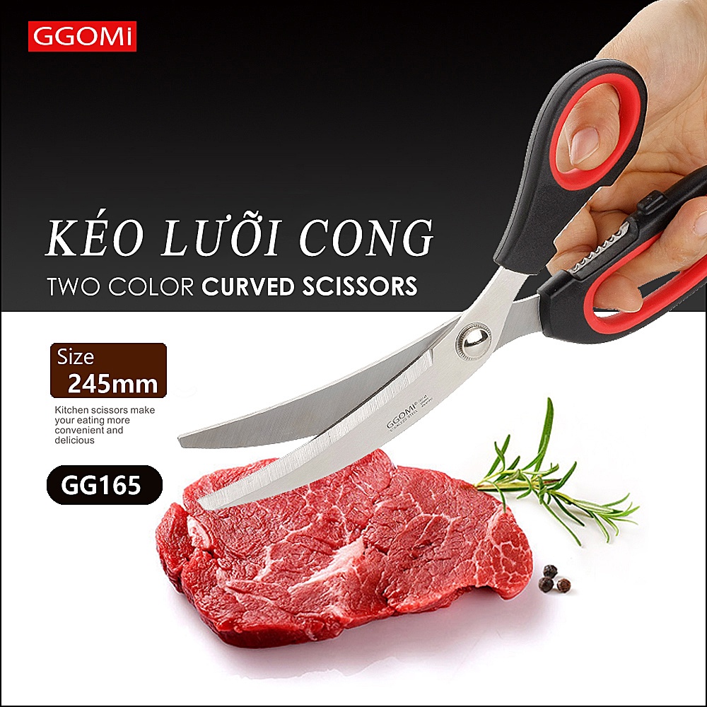 Kéo nhà bếp lưỡi cong dài 24.5cm, lưỡi kéo dài 10.2cm bằng thép không gỉ của GGOMi Hàn Quốc GG165