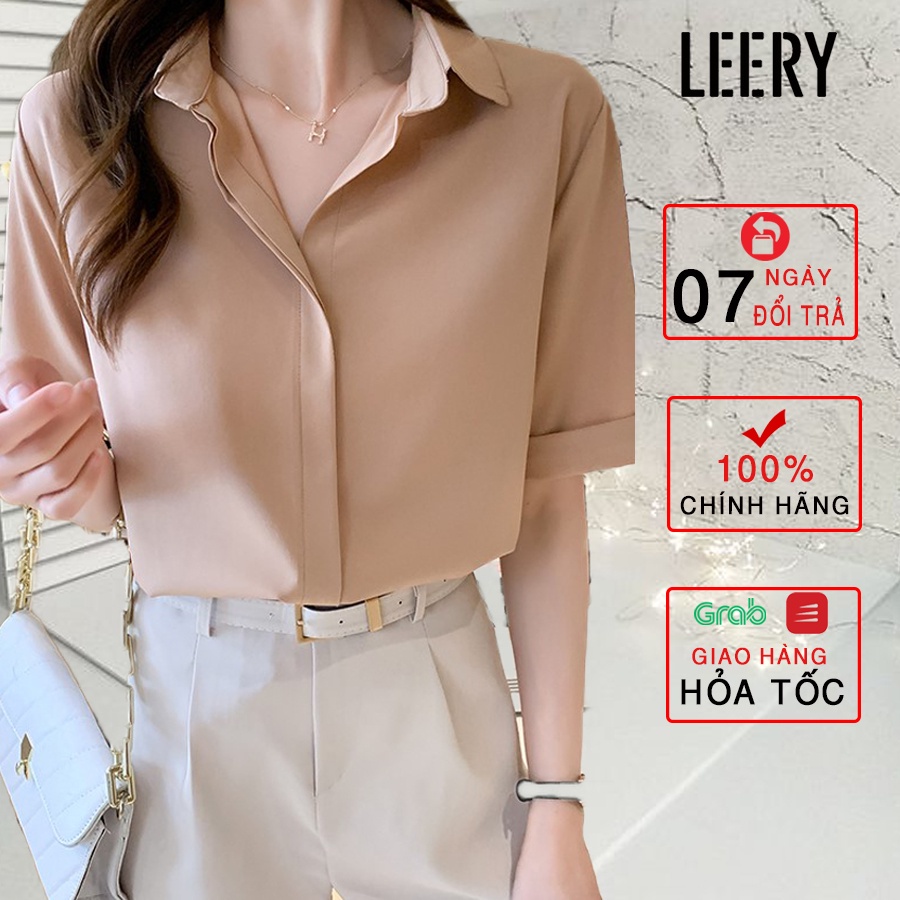 Áo sơ mi nữ công sở cao cấp kiểu Hàn Quốc form rộng đẹp ngắn tay màu Trắng Đen Be Xanh LEERY SM-02 - Hàng mới về